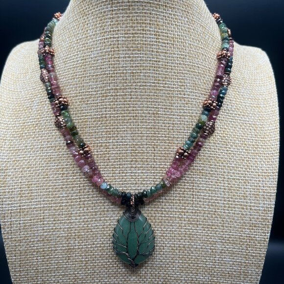 Artisan Elbaite & Copper Necklace with Wire-wrapped Aventurine Pendant - Picture 1 of 6